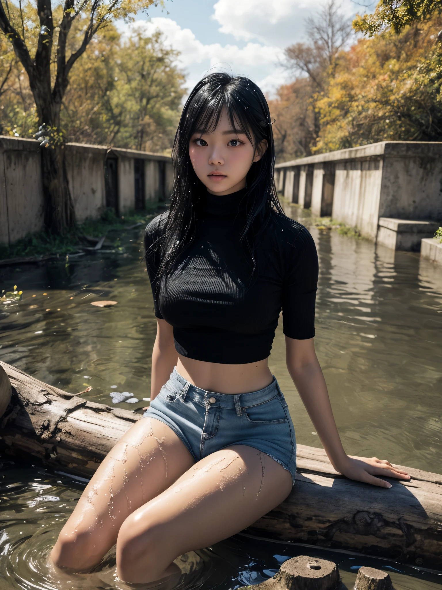 1girl, sitting, forest, very short wide sleeve, looking at viewer, water surface, autumn weather, water stream, sitting on trunk, peaceful, dreamy lighting, water ripple, ultra detailed, beautiful and aesthetic, masterpiece, best quality, elegant, vivid colors, (realistic:1.3), sharp focus, see-through turtleneck crop top, (abandoned architecture:1.2), river stream, bubble protection, (18yo), (asian:hispanic), warm olive skin undertone, (large breast), brown eyes, thick eyelashes, straigh long black hair,