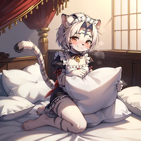 （masterpiece，best quality），my own, the beast, , (light and shadow suitable for any pillow background））, 穿着maid costume的可爱女孩在枕头上摆...