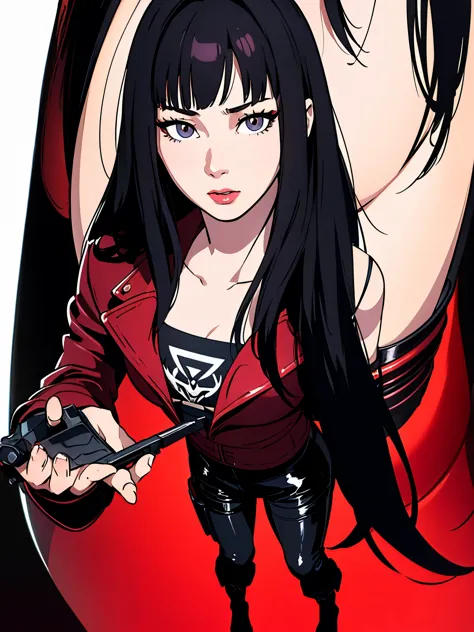 digital art drawing, illustration of (Girl, long black hair with bangs, brown eyes, flat chest, confident look, red jacket, blac...