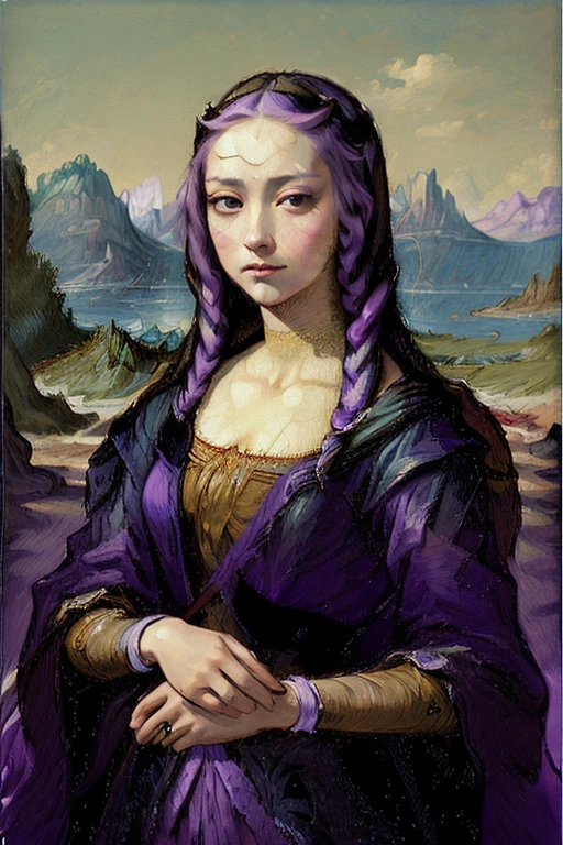 1girl, ((solo)) perfect face, digital art, masterpiece, (1 girl:1.2), (girl with Purple White Gradient Long Hair, Indifferent, Kind:1.5) girl cryptic girl maiden, mona lisa pose, (cryptic girl clothes:1.2)
