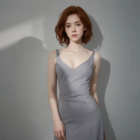 Slender ginger Irish woman, Sophia Lillis, tight grey cotton dress, strong lighting with shadows, small breasts, cleavage 