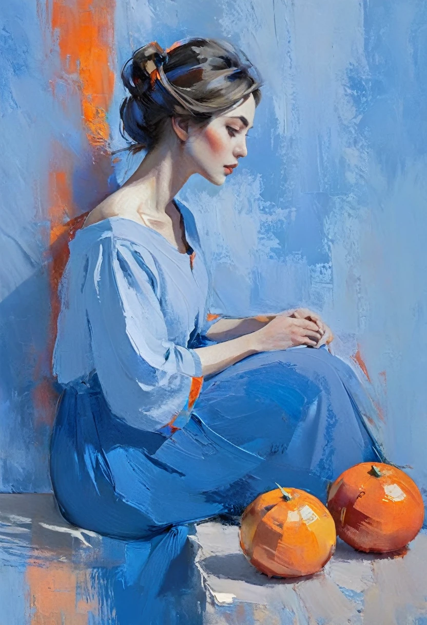 Create a serene profile portrait with the subject facing left. Use a vibrant color palette of blues, reds, and oranges. The background should be minimalistic in cool blue tones. Employ bold, visible brush strokes and the impasto technique for texture. Blend realism with abstraction, emphasizing strong contrasts and dynamic color blocking. Aim for a modern, contemplative feel.