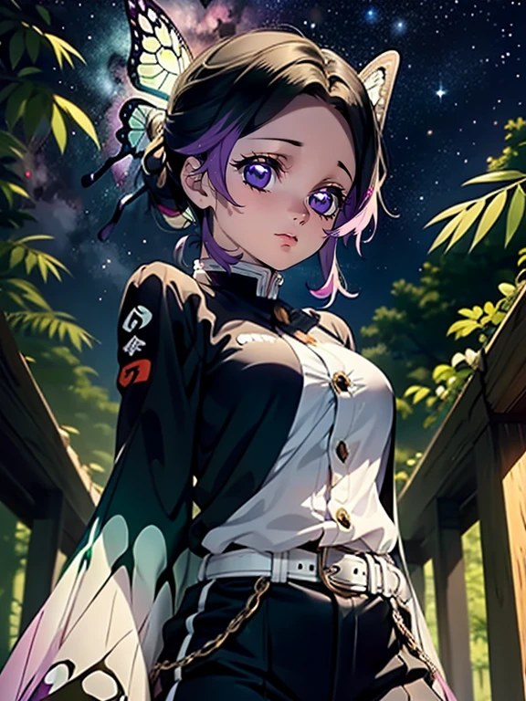 masterpiece, Best Quality, high resolution, 1 girl, Alone, Shinobi Kocho, Master pieces, Best Quality, supreme, 1 girll, In the Bamboo Forest，There is a huge bright moon in the background., Kochou Shinobu, large butterfly clip in hair, butterfly hair jewelry, violet eyes, multicolored hair, short hair, Separate lane, Haori, White Japanese cloak, longer sleeves, Black pant suit, black jacket, belt, Character looking at camera.，Decorate your hair with a bow tie, violet eyes, multicolored hair, short hair, split bangs, Black pants, black jacket, long sleeves, belt, cowboy shot, In the woods, Looking at the starry sky, close your mouth, Night with countless stars, the Milky Way