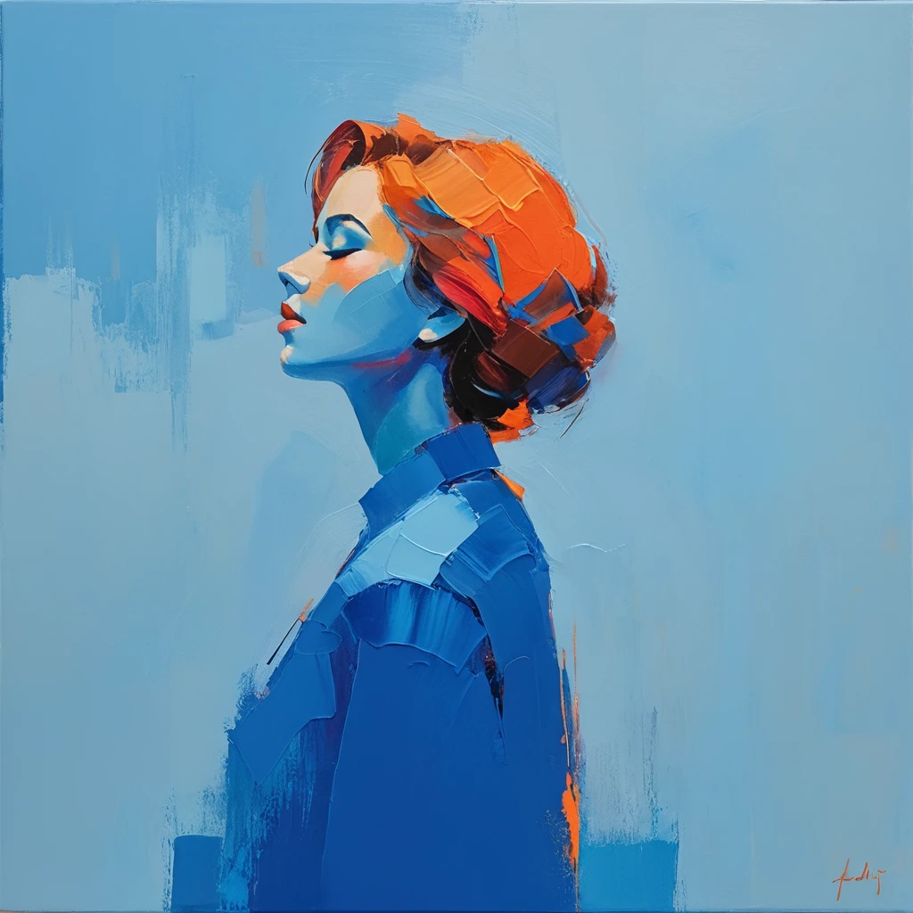 Créez un portrait de profil serein avec le sujet tourné vers la gauche. Utilisez une palette de couleurs vives de bleus, rouges, et des oranges. L&#39;arrière-plan doit être minimaliste dans des tons bleus froids. Employez l’audace, coups de pinceau visibles et technique d&#39;empâtement pour la texture. Mélangez réalisme et abstraction, mettant l&#39;accent sur les contrastes forts et le blocage dynamique des couleurs. Viser une modernité, sensation contemplative. Appliquez la peinture sur la toile avec une ferme, mouvement décisif, lui permettant de reposer épaissement sur la surface. Variez la direction et la longueur de vos traits pour créer un effet intéressant., texture variée.