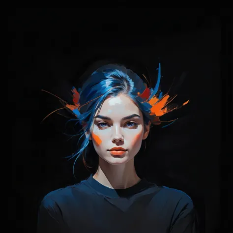 create a serene profile portrait with the subject facing left. use a vibrant color palette of blues, reds, and oranges. the back...