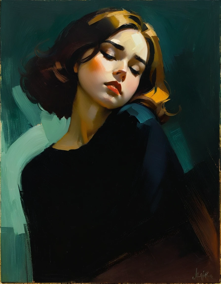 Erstellen Sie ein eindrucksvolles Ölgemälde, inspiriert von Malcolm Liepke, basierend auf dem bereitgestellten Bild. Erfassen Sie die intensiven, introspektiver Ausdruck des jungen Subjekts durch dicke, Integrieren Sie erdige Töne, tiefer Blues, und warme Brauntöne, um eine harmonische und einladende Komposition zu schaffen. Heben Sie die emotionale Tiefe und Verletzlichkeit im Blick des Motivs hervor, Betonung des Spiels von Licht und Schatten auf ihrem Gesicht. Behalten Sie eine einfache, strukturierter Hintergrund, der die kontemplative Präsenz des Motivs ergänzt. Konzentrieren Sie sich auf die taktile Qualität der Ölfarbe, um die unverfälschten Emotionen und die Intimität zu vermitteln, die für Liepkes Stil charakteristisch sind..