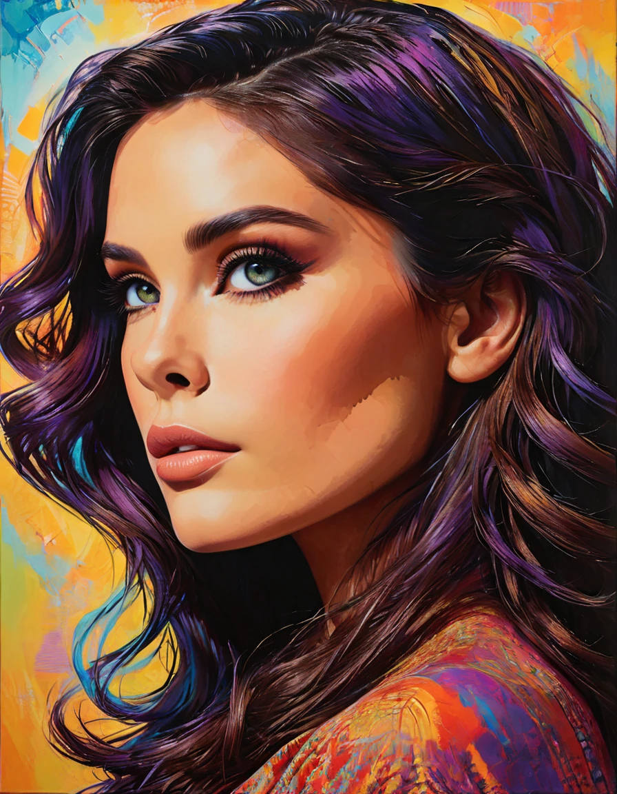 vibrant woman's profile,abstract realism,painting,acrylic on canvas,vibrant colors,highly detailed face profile,feminine features,long flowing hair with intricate patterns,subtle brush strokes,ethereal background,soft lighting,masterpiece:1.2,ultra-detailed,realistic:1.37,bright and bold colors,emotional expression,graceful and serene pose,contemporary art,modern interpretation,striking composition,meticulous attention to detail,matte finish,subtle texture,depth and dimension,rich and vibrant palette,complex layering of colors and textures,expressive eyes with intricate iris patterns,delicate lips with slight shine,smooth and flawless skin,gentle contouring and highlighting,harmonious blend of realism and abstraction,fluid and dynamic lines,gradual transitions between colors,indoor setting with soft diffused light,playful interaction between light and shadow,dynamic and captivating energy,mesmerizing and thought-provoking,unique and original art style