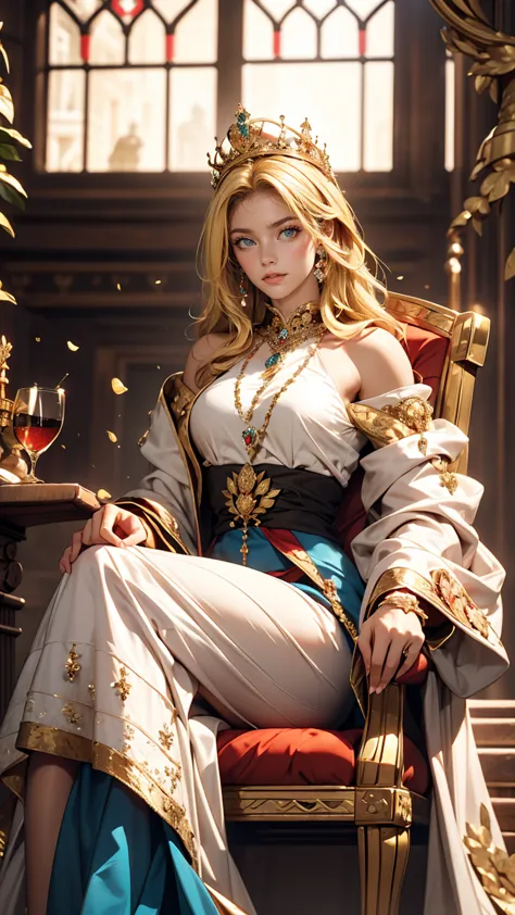 World Cup style, Beautiful woman, blonde, Sitting, Royal Outfits, Royal Chambers, medieval setting