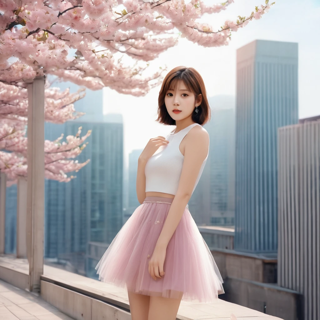 ((Masterpiece, best quality, photorealistic)), (bob cut, straight), (Kpop look, miniskirt, tulle, top, boots), terrace, glass building, sakura flowers, cinematic lighting.