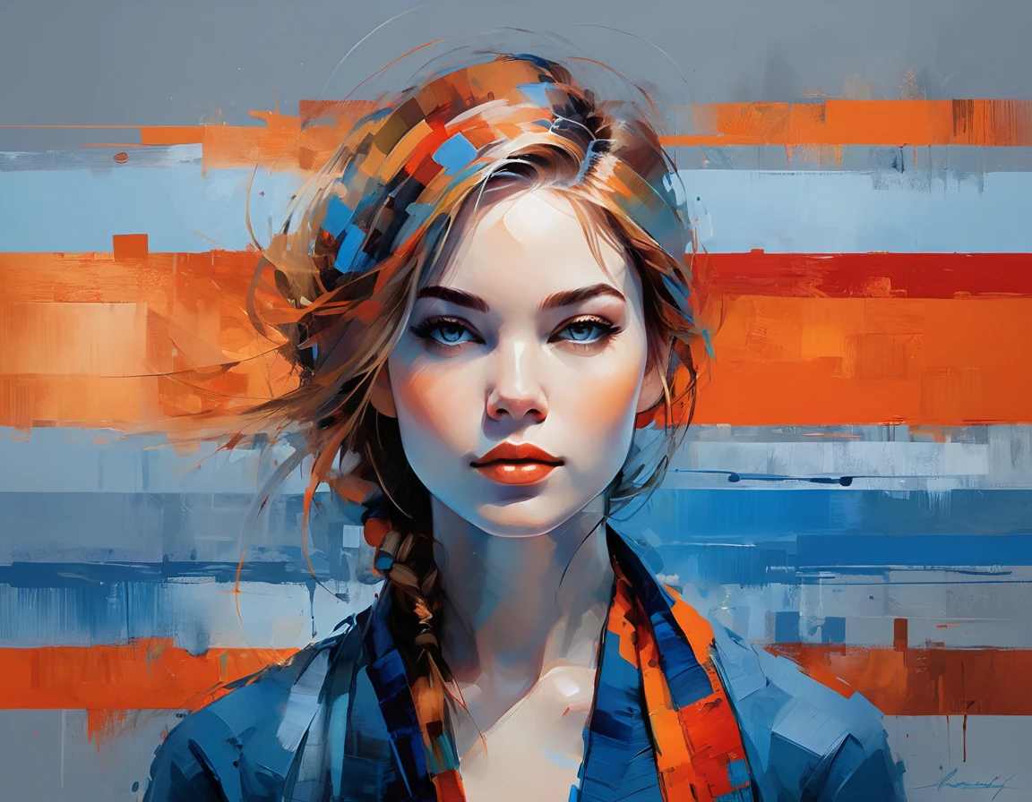 Create a serene profile portrait with the subject facing left. Use a vibrant color palette of blues, reds, and oranges. The background should be minimalistic in cool blue tones. Employ bold, visible brush strokes and the impasto technique for texture. Blend realism with abstraction, emphasizing strong contrasts and dynamic color blocking. Aim for a modern, contemplative feel. Apply the paint to the canvas with a firm, decisive motion, allowing it to sit thickly on the surface. Vary the direction and length of your strokes to create an interesting, varied texture.