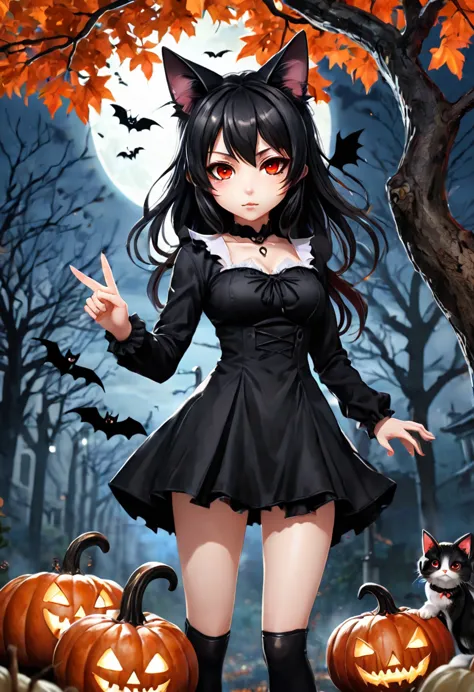 cat girl, chibi, in a black dress, black hair, red eyes, reaches for the sign, who hangs on a scary tree, rendering, anime backg...