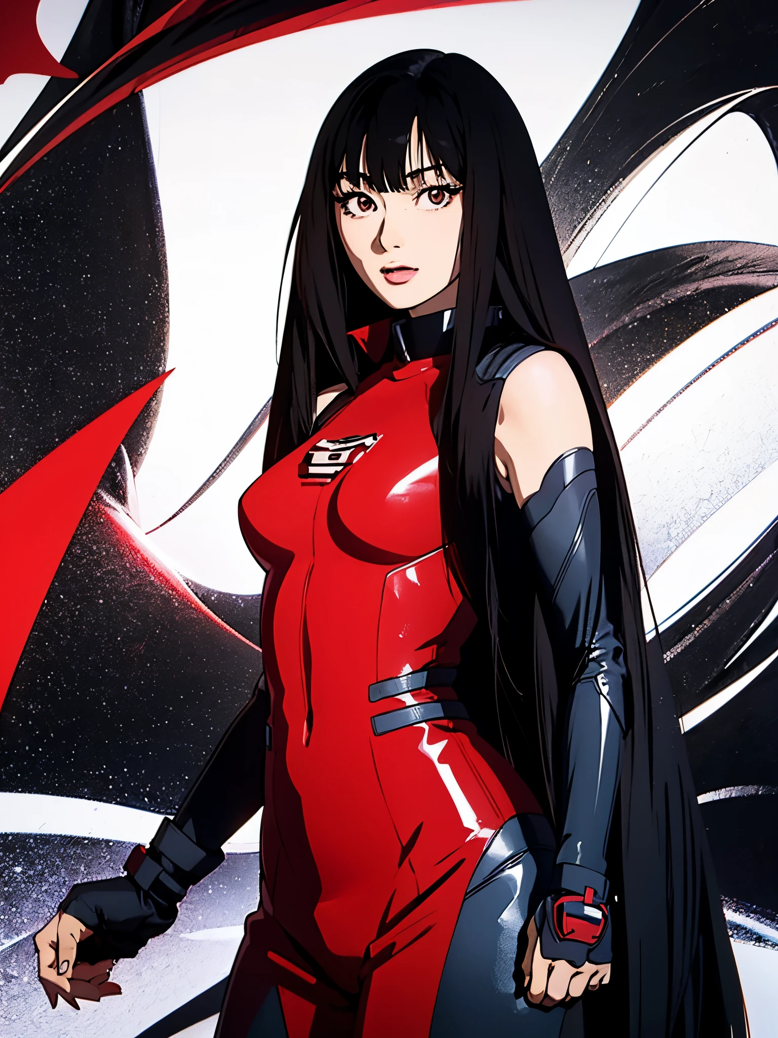 digital art drawing, illustration of (anime girl, long black hair with bangs, brown eyes, flat chest, confident look, black and red latex suit, tactical vest), anime drawing/art, bold linework, illustration, digital art, masterpiece, flat illustration, no shadows, 8k resolution, high detail, vector art, only anime, perfect eyes, perfect hands, perfect fingers, sharpness, high clarity, medium close up, high fidelity
