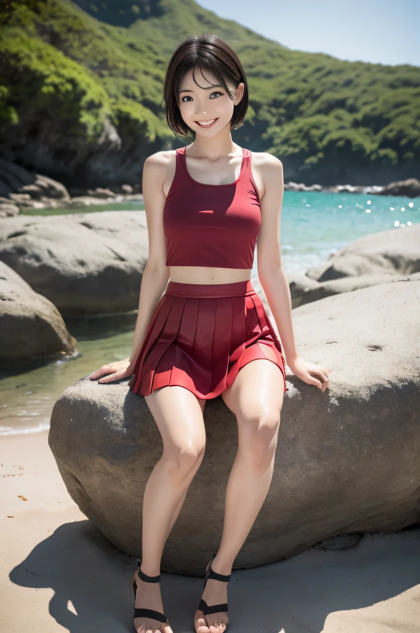 The beauty of 8K raw photos:2.0, Japanese woman, short hair, beautiful face and dark eyes, looking down, looking at the viewer:1.5, big smile, wet hair, tiny top, put hands on the hip, (tank top, red skirt:1.2), shinny skin, realistic:1.9, very detailed, full body shot:1.2, High resolution RAW color photos, professional photos, Taken at the beach side, sitting on the stone, girl sexy portrait