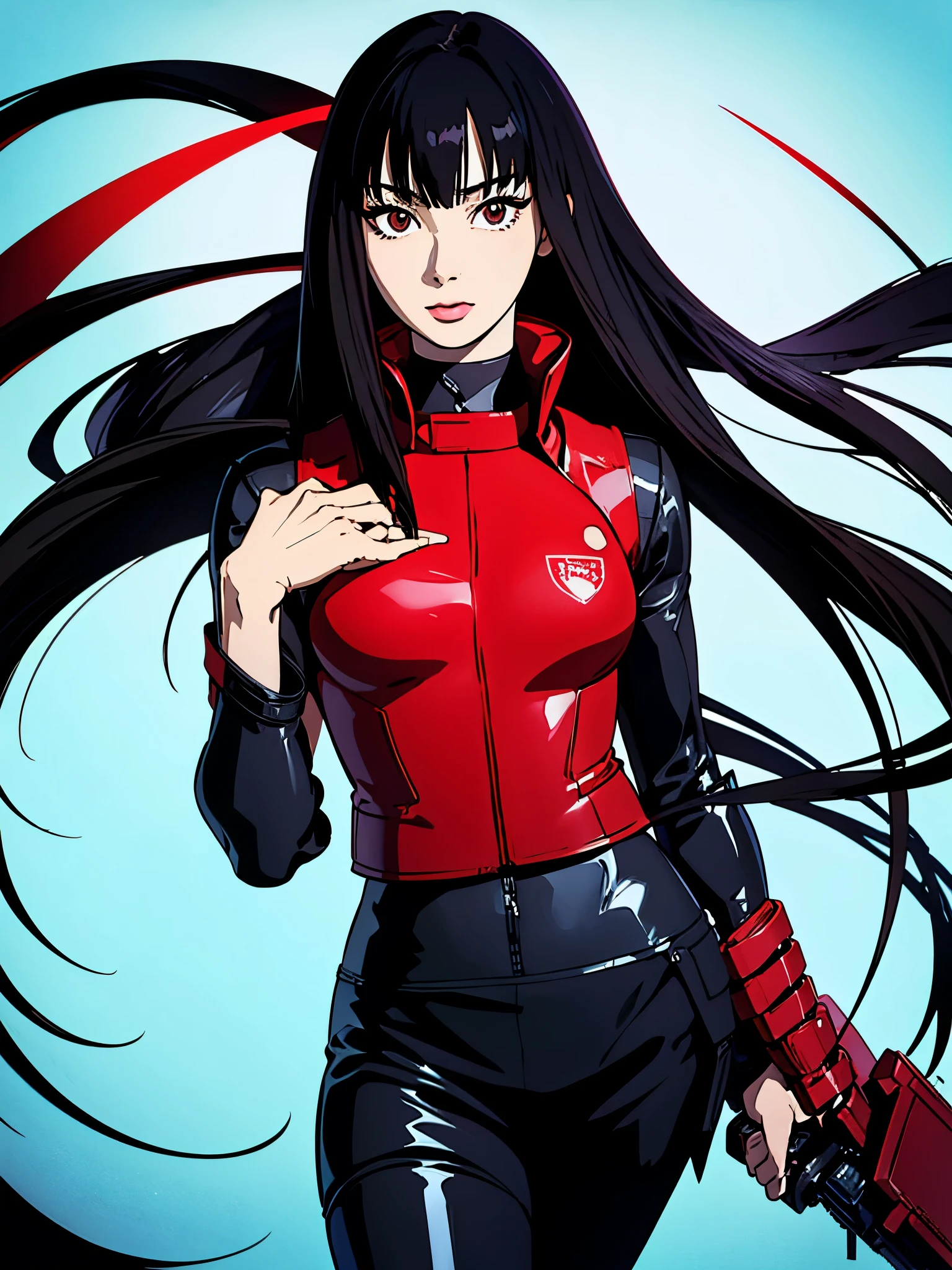 digital art drawing, illustration of (anime girl, long black hair with bangs, brown eyes, flat chest, confident look, black and red latex suit, tactical vest), anime drawing/art, bold linework, illustration, digital art, masterpiece, flat illustration, no shadows, 8k resolution, high detail, vector art, only anime, perfect eyes, perfect hands, perfect fingers, sharpness, high clarity, medium close up, high fidelity
