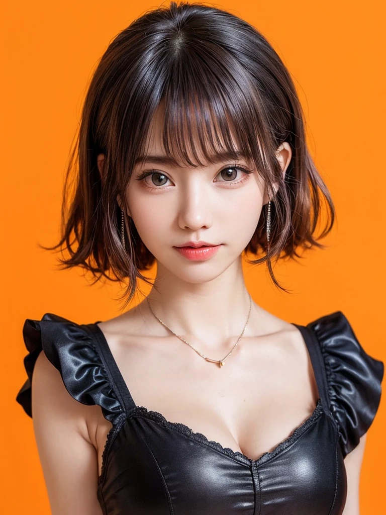 (masterpiece, highest quality, sfw:1.8),1 girl, alone, realistic, realistic, light colored black eyes, black twin braids hair with highly detailed shiny hair, Winter clothes, Whity, lips, bangs, outdoor, closed mouth, Upper body、Big eyes、eyelash、((very simple orange background:1.8))、(((Black French Braid, Big eyes、big and full chest、avoiding eye contact 、beautiful beauty、show me your ears、long neck、low hairline、small forehead)))、ideal body proportions、{Huge|big|Huge|mega} chest, cleavage:2, Blushing, Shy smile, Embarrassed, Flushed cheeks, Timid expression, Coy look, Bashful, Sheepish grin
