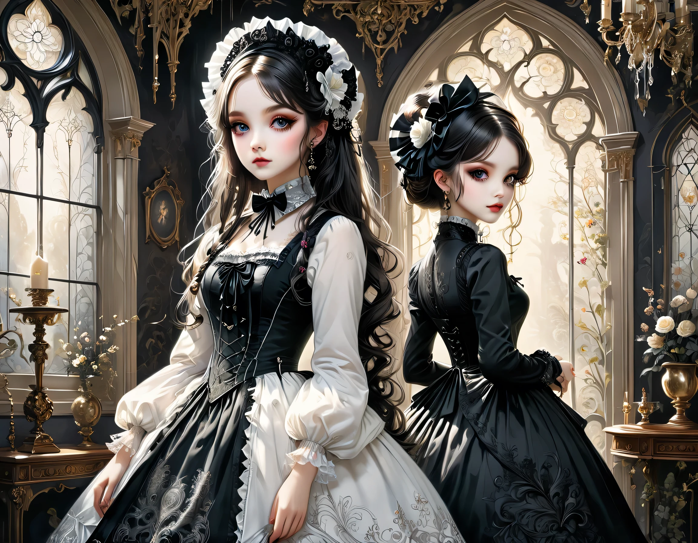 Gothic horror paintings,((Two beautiful girls standing:Symmetric:Gothic Lolita:12 years old:Ephemeral:((Two beautiful girls)):cute:Adorable:Perfect Face:White:eyelash:Big eyes,Smooth Skin,Anatomically correct)),Gothic House,Looking Back,black and white,scary but beautiful,Gothic Beauty,Expressing beautiful madness,Shrouded in mystery,Placing dark clouds that foreshadow tragedy in a beautiful gothic house,,detailed,Use red as an accent color,Race,embroidery,Detailed pattern,rendering,Designer House,Luxury Homes,nice,quiet,Beautiful light and shadow,Gothic Room,Golden Ratio,Anatomically correct,Rococo,BREAK,(The girl on the right(Black Dress)Gothic Lolita),BREAK,(The girl on the left(White Dress)Gothic Lolita),BREAK,embroidery,Detailed pattern,Complex details,rendering,Zentangle Elements,Beautiful Gothic Horror,masterpiece,The best masterpiece,Carefully draw down to the smallest detail,Gothic Housedetailed,Light from the window,Beautiful light and shadow,Gothic Makeup