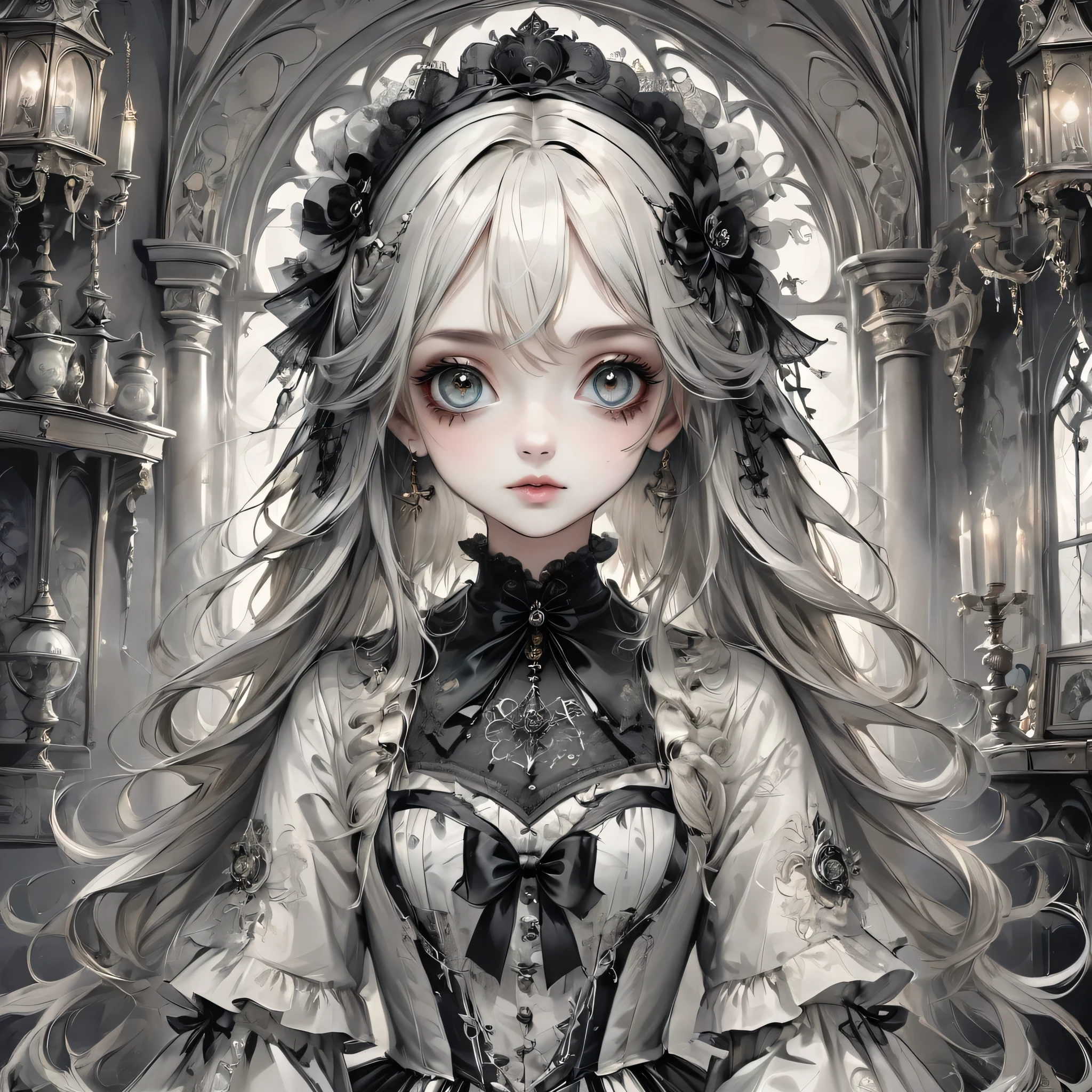 Gothic horror paintings,((Beautiful girl standing:Gothic Lolita:12 years old:Ephemeral:beautiful girl:cute:Adorable:Perfect Face:white:eyelash:Big eyes)),Gothic House,Recall,Black and white,scary but beautiful,Gothic Beauty,Expressing beautiful madness,Shrouded in mystery,Placing dark clouds that foreshadow tragedy in a beautiful gothic house,,detailed,Use red as an accent color,Race,embroidery,Detailed patterns,rendering,Designer House,Luxury Homes,Nice,quiet,Beautiful light and shadow,Gothic Room,Golden Ratio,Anatomically correct,Rococo