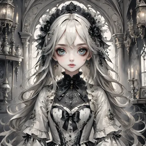 Gothic horror paintings,((Beautiful girl standing:Gothic Lolita:12 years old:Ephemeral:beautiful girl:cute:Adorable:Perfect Face...