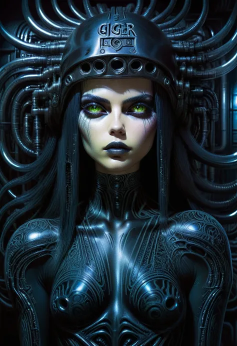Hr giger tattooed sexy seductive dead girl, perfect face, hyper detailed neon clear eyes, full body portrait,
