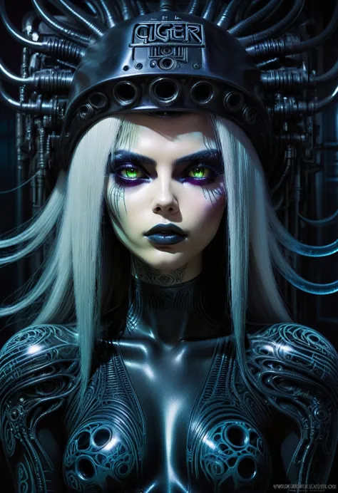 Hr giger tattooed sexy seductive dead girl, perfect face, hyper detailed neon clear eyes, full body portrait,