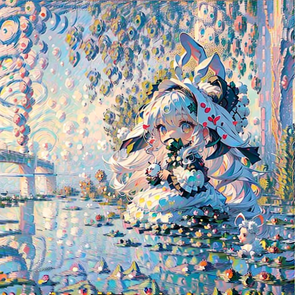 (oeuvre de Claude Monet:1.7),Impressionnisme,Leinairisme,1femelle\((chibi:1.6),Mignon,kawaii,petit enfant,(blanc hair:1.4),(cheveux très longs:1.6),frange,(oreille\(Duveteux,blanc,rabbit-oreille\):1.4),yeux rouges,grand œil,bel oeil brillant,skin color blanc,gros arc à cheveux,(blanc frilled dress:1.3),sein,légèrement surpris,Angle dynamique\),forêt,Soleil tacheté,qualité\(8k,fond d&#39;écran d&#39;une unité CG extrêmement détaillée, chef d&#39;oeuvre,haute résolution,top-qualité,top-qualité real texture skin,hyper réaliste,Augmenter la résolution,Photos brutes,meilleure qualité,très détaillé,le fond d&#39;écran,Nombre d&#39;or\)