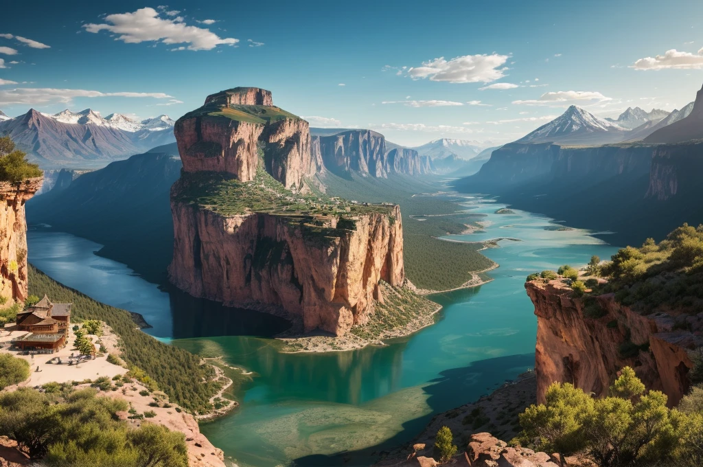 An auberge sits gracefully at the edge of a magnificent cliff, overlooking a breathtaking view of a mountain range and cascading waterfalls. The surroundings portray a sense of borderlands and untamed lands, evoking a heroic fantasy setting. The panoramic view captures the vastness and grandeur of the landscape, immersing the viewer in a world of awe and wonder.