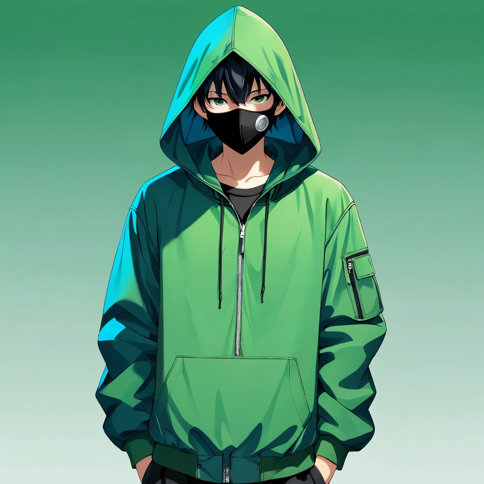 (masterpiece, best quality:1.2), 1 anime boy, full body, green background, hood, blue hooded jacket, jacket, black nose mask, solo, standing, black nose mask, green solid background, blue hooded jacket