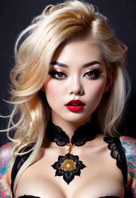 Create a photo realistic hyper realistic heavily tattooed japanese, perfect face, thin curved natural eyebrows, long luscious ey...
