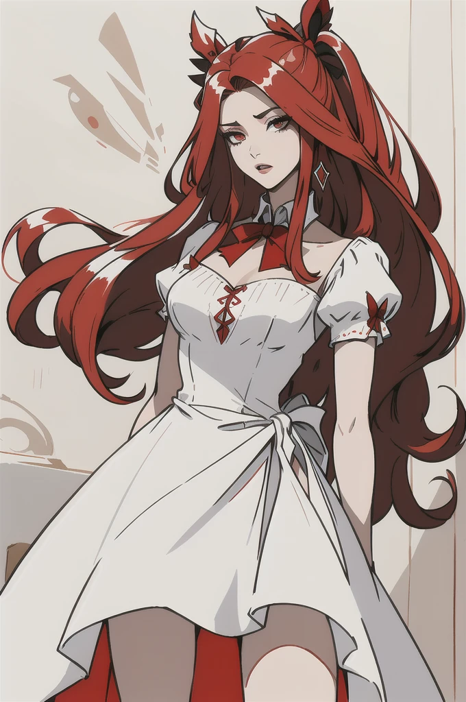 her hair is long and slightly straight, da cor branca, Your eyes are red, in addition to having an eyeliner around his eyes, She wears a white dress that reaches her shin, and a red bow around her waist. solo.