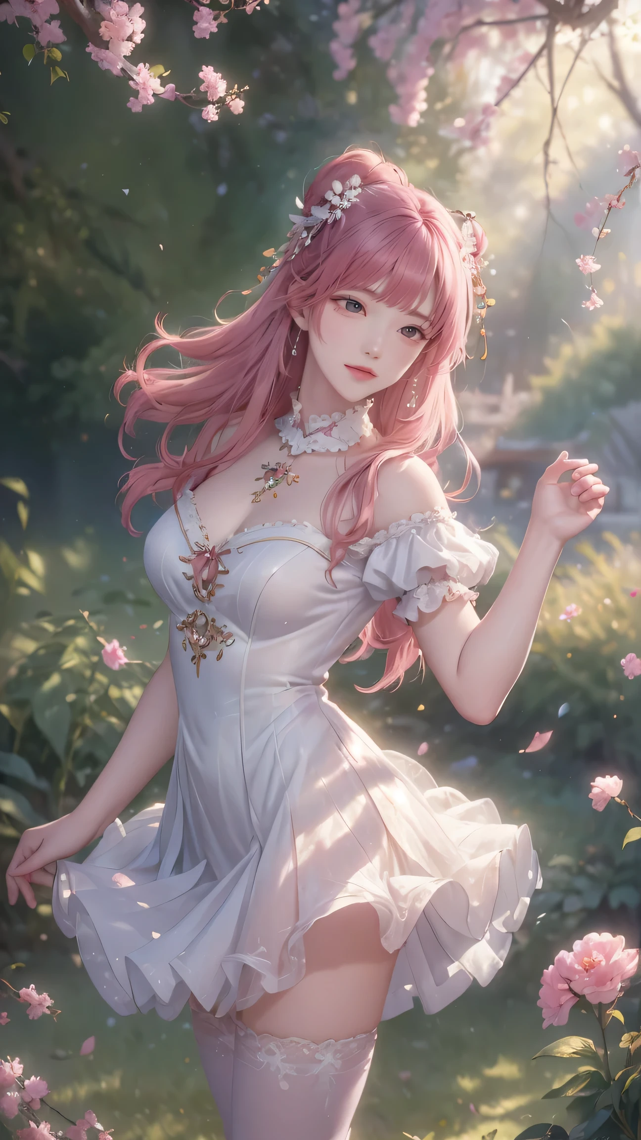 (best quality,ultra-detailed,photorealistic:1.37),vivid colors,studio lighting,beautiful detailed eyes,beautiful detailed lips,extremely detailed eyes and face,long eyelashes,portraits, short hair, pink hair,confident expression,feminine,standing in a garden,soft sunlight, scenery,flower blossoms,peaceful atmosphere,artistic touch,textured brushstrokes,subtle color variations,brilliant white highlights,delicate movements,graceful pose,slight breeze,rustling leaves,sophisticated style,professional artwork,female beauty.