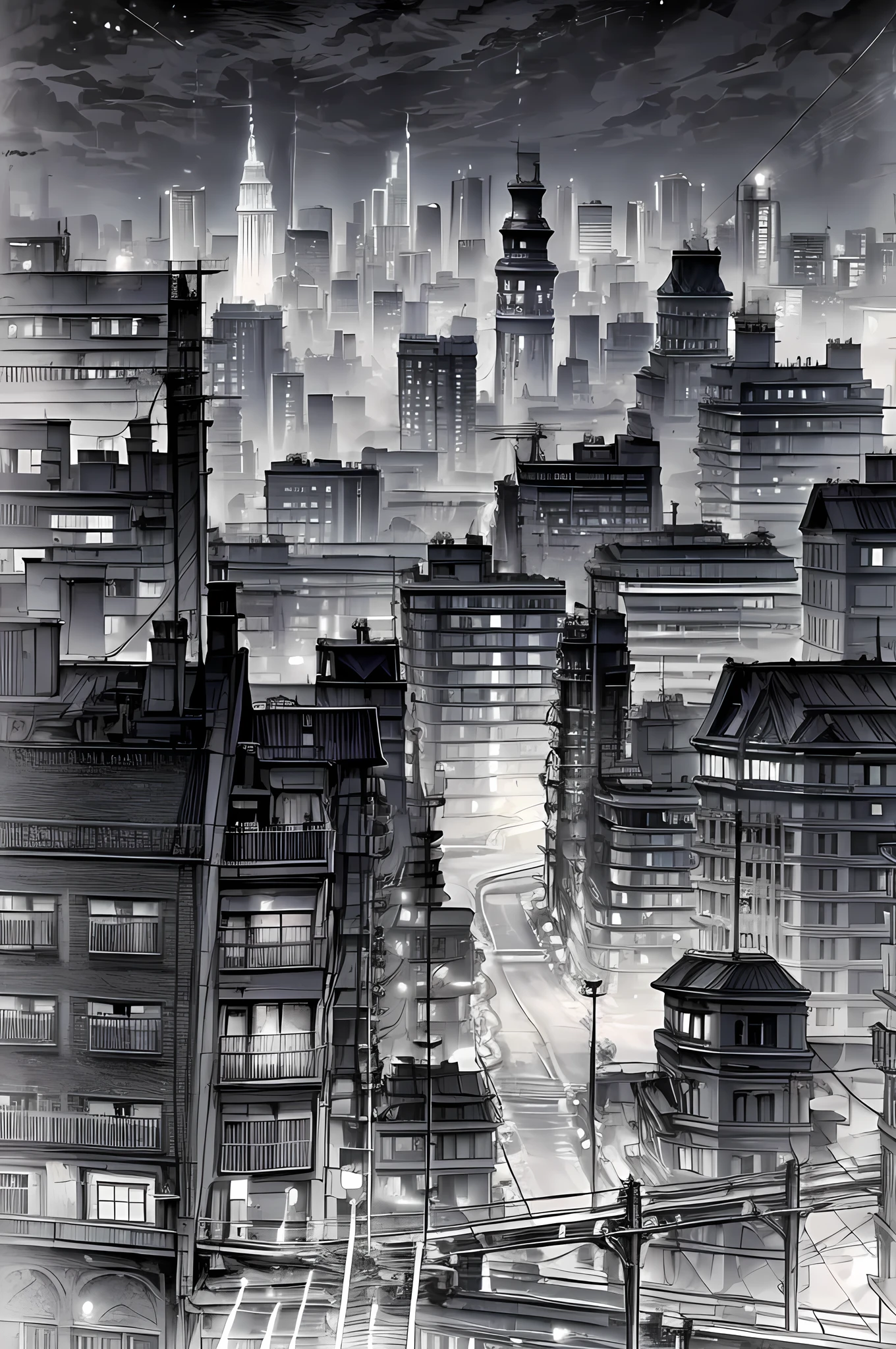  a black and white picture of an city sky line view, its night time, the sky is full of stars, and the city is lit by lamps,  made by a late 19th century camera, star, black_and_white_1920s_style