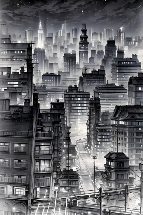  a black and white picture of an city sky line view, its night time, the sky is full of stars, and the city is lit by lamps,  ma...