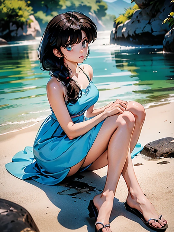 Dark hair anime in white dress., 20 years, beautiful body, big breasts, com as hands on chest, hands on chest, chica sexy, black shiny brown hair, side hair highlights, strands of hair on the side of the face, beautiful lighting, soft shadows, blue eyes, nice legs, by the wide, anime style, kasumi tendo character, Autora Rumiko Takahashi, Based on the work of Rumiko Takahashi, Anime Ranma 1/ 2, sexy decoration, robust hip, whole body, whole body, big bust, young girl with beautiful and beautiful body, sandals on your feet, g, 45° viewing angle, outdoor, big breasted, beautiful breasts, black fur, sandals on feet, nice legs, sexy, beautiful legs, sandals, big breasts, apron