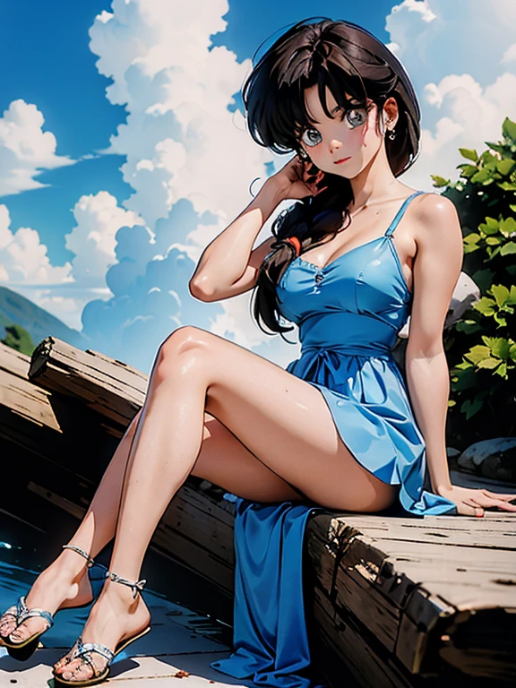 Dark hair anime in white dress., 20 years, beautiful body, big breasts, com as hands on chest, hands on chest, chica sexy, black shiny brown hair, side hair highlights, strands of hair on the side of the face, beautiful lighting, soft shadows, blue eyes, nice legs, by the wide, anime style, kasumi tendo character, Autora Rumiko Takahashi, Based on the work of Rumiko Takahashi, Anime Ranma 1/ 2, sexy decoration, robust hip, whole body, whole body, big bust, young girl with beautiful and beautiful body, sandals on your feet, g, 45° viewing angle, outdoor, big breasted, beautiful breasts, black fur, sandals on feet, nice legs, sexy, beautiful legs, sandals, big breasts, apron