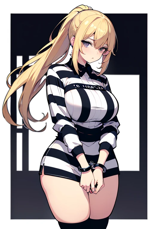 Long blonde hair, handcuffed, arrested, mature female, milf, big breasts ,40 years old, pon prison uniform, prisoner, black and white stripe prison uniform, waifu material, mature, ponytail, oneesan