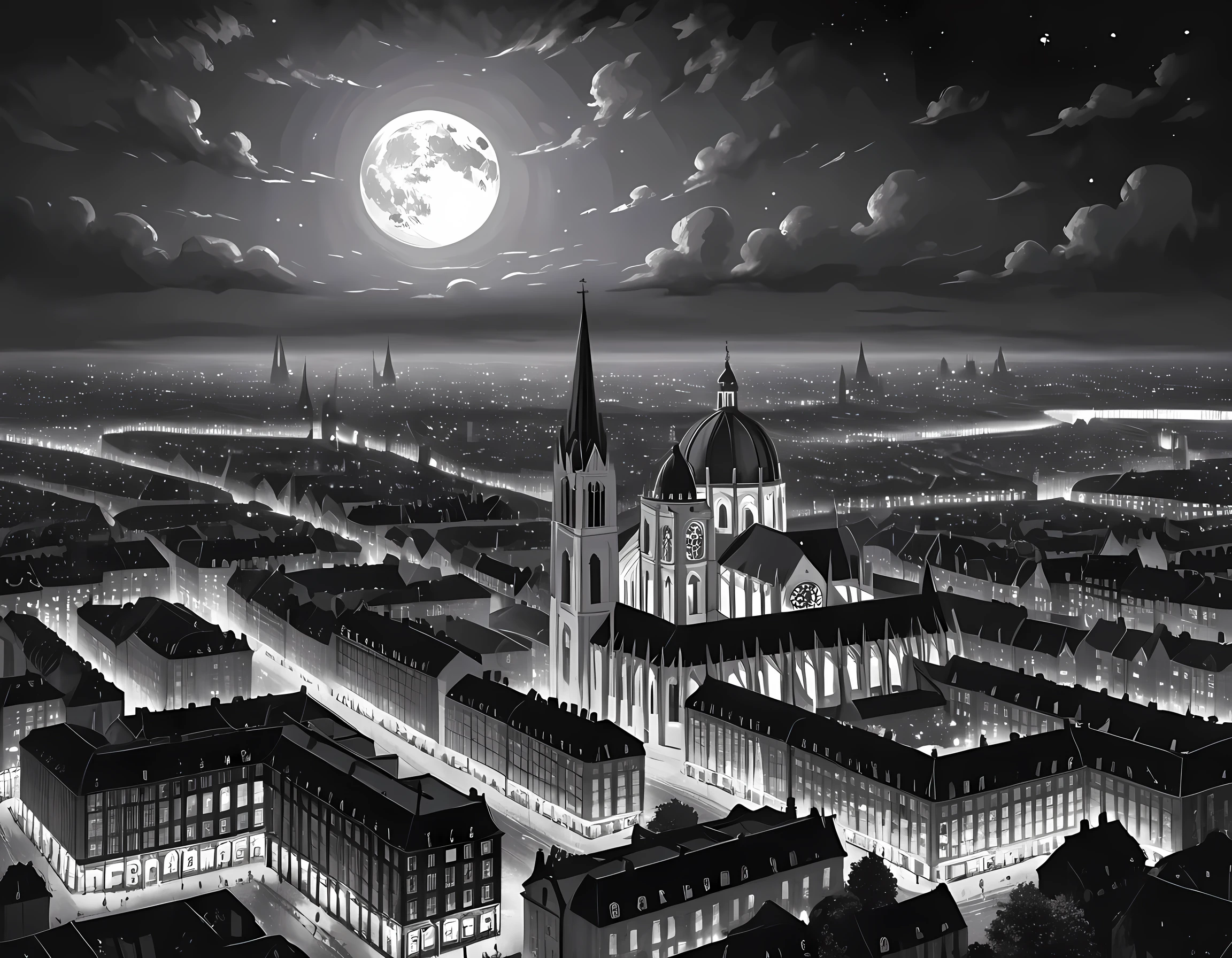  您可以看到 20 世紀初歐洲城市天際線視圖的黑白圖片, 教堂 (錯綜複雜的細節, 傑作, 最好的品質: 1.4), 城市中心 (錯綜複雜的細節, 傑作, 最好的品質: 1.4), 和一些塔樓, 現在是晚上, the sky is full of 星星s, 整個城市被燈光照亮,  由 19 世紀末相機拍攝, 星星