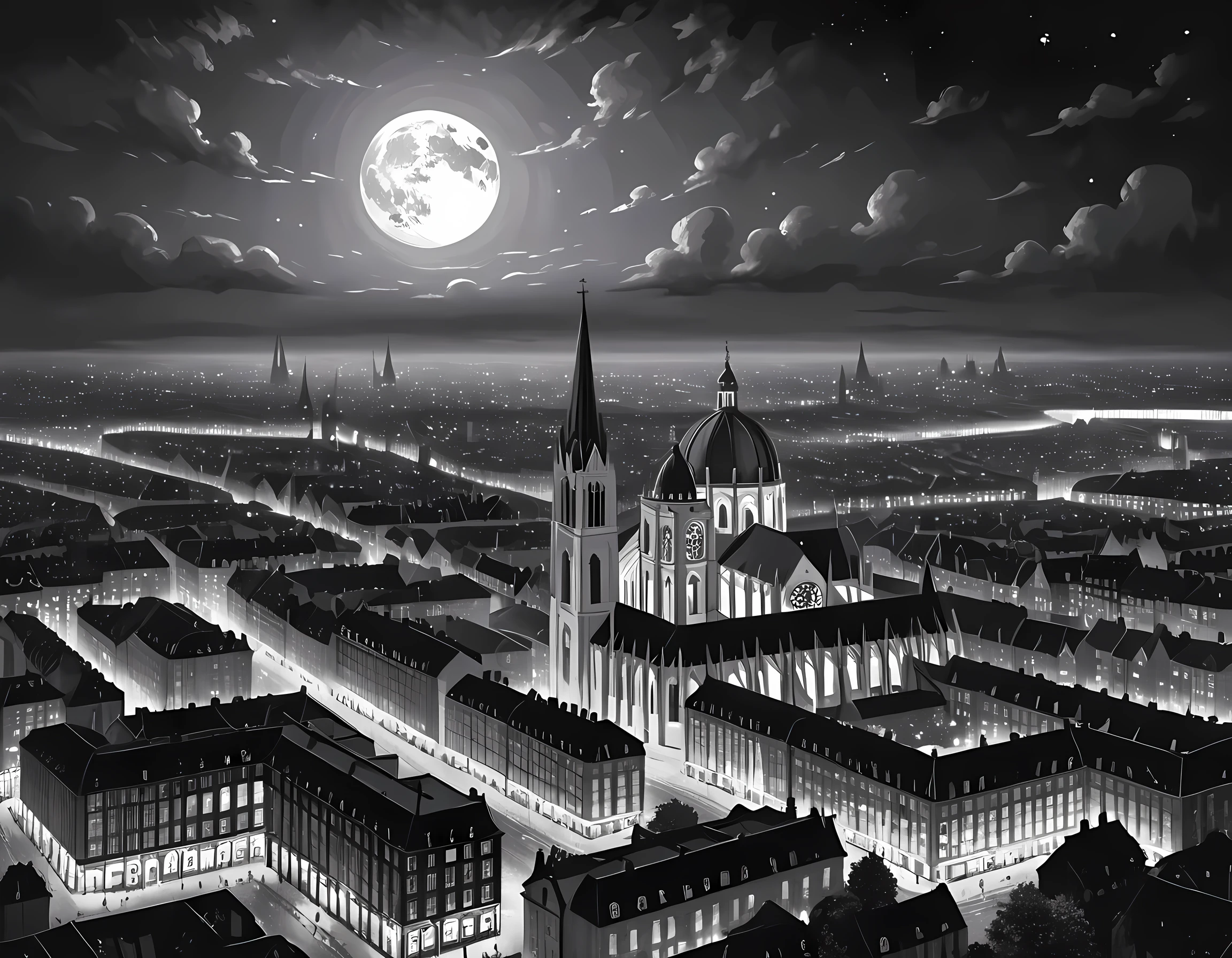  a black and white picture of an European city sky line view in the beginning of 20th century you can see, the church (intricate detailed, Masterpiece, best quality: 1.4), city center (intricate detailed, Masterpiece, best quality: 1.4), and some towers, its night time, the sky is full of stars, and the city is lit by lamps,  made by a late 19th century camera, star