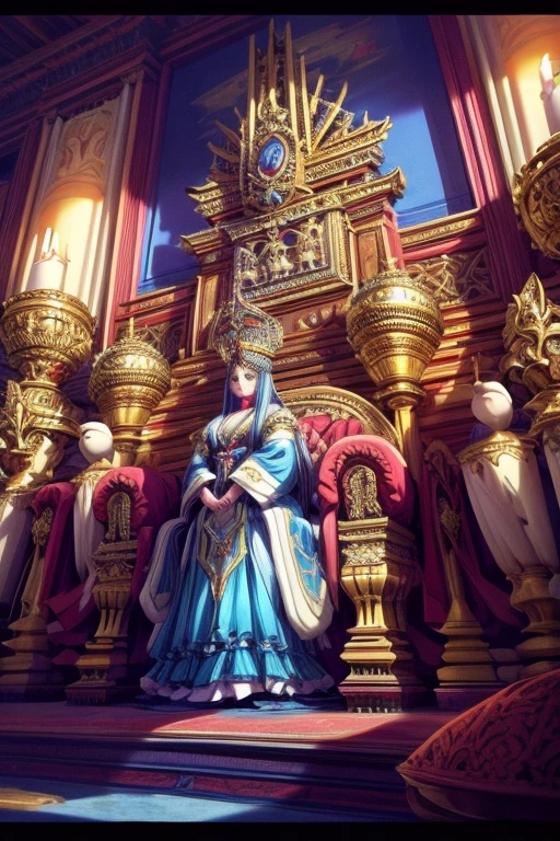 animé traditionnel, Cinématique, Angle moyen, vue dynamique, comme une princesse russe, majestueux, gracieux, diadème délicat, majestueux dress with intricate embroidery and furry details in blue, rouge et blanc, long sceptre dans une main tout en arrangeant élégamment la robe, regardant avec hauteur et présomption,