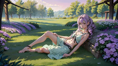 (masterpiece), (best quality), (detailed), light layer, 1solo girl, young girl, perfect body, purple hair in curls, defined larg...