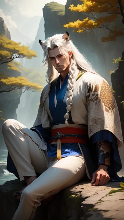 Tall, handsome, strong man with long silver hair with blue tufts, wearing a samurai kimono in albino tiger patterns, with a kata...