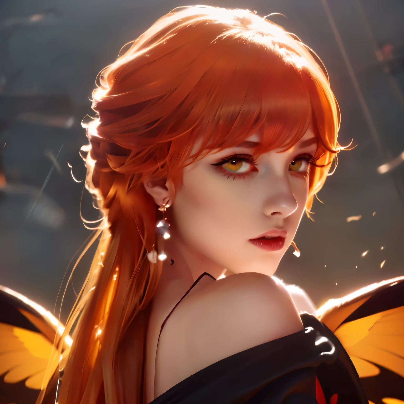 (best quality,4k,8K,highres,masterpiece:1.2),ultra-detailed,(realistic,photorealistic,photo-realistic:1.37),redhead character,detailed red eyes,detailed black accents on warm-colored clothes,orange and red butterfly wings