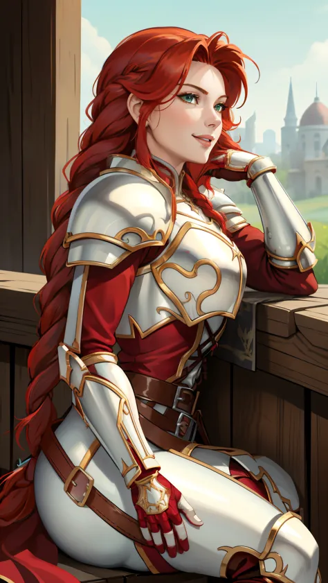 masterpiece, best quality, titania, braided ponytail, armor, red dress, belt, gauntlets, gloves, armored boots, from side, sitti...