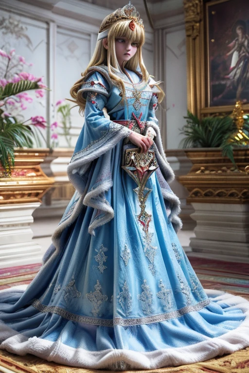 traditional anime, cinematic, medium angle, dynamic view, like a Russian princess, majestic, graceful, delicate tiara, majestic dress with intricate embroidery and furry details in blue, red and white, long scepter in one hand while elegantly arranging the robe, looking with haughtiness and presumption,