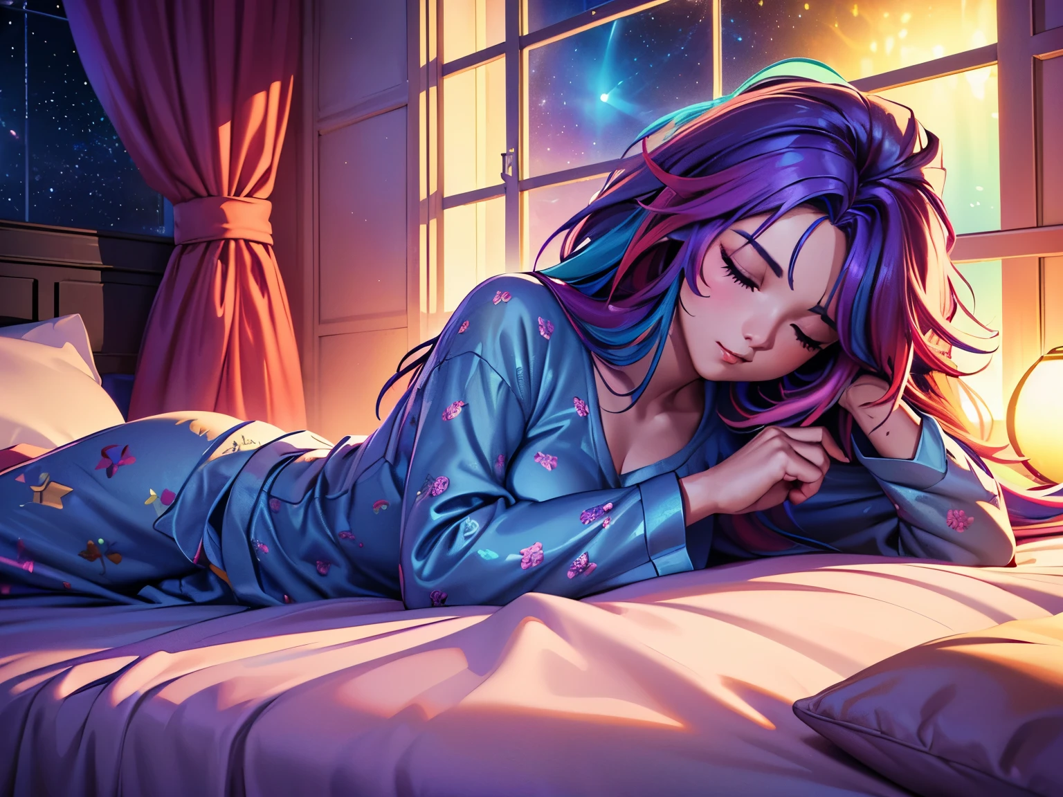 (best quality,8k,ultra-detailed:1.2),(CG,CG art,3D rendering),(masterpiece:1.2),（lying on the bed），（confort pijama clothing），(movie lighting,futuristic),(woman lying in bed,sleeping,closed eyes),(large window behind her,tranquil night),(colorful hair:1.5)