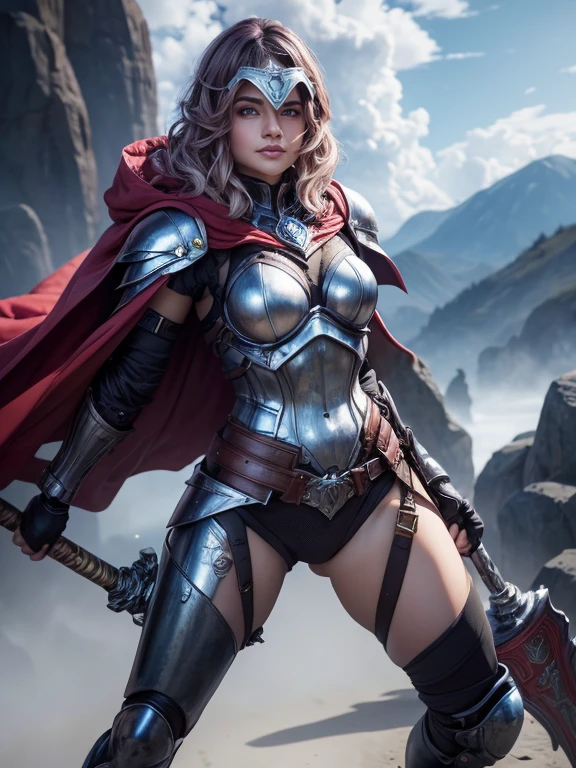 WARRIOR FEMALE (blue sky) (field) (chain_mail) (realistic_shadows) ((full_armor)) (red cape) (silhouette), ((gothic knight)) (facing_forward) (hammer)((front facing)), (visor), (ornate helmet), (dynamic_pose) (glowing_silver) (ornate silver armor), (silver), (hold) (holding sword)(sword) BREAK (surreal:1.3) BREAK ((fantasy)) ((dynamic shot)) wide shot, wallpaper. (Thick thighs:1.3)