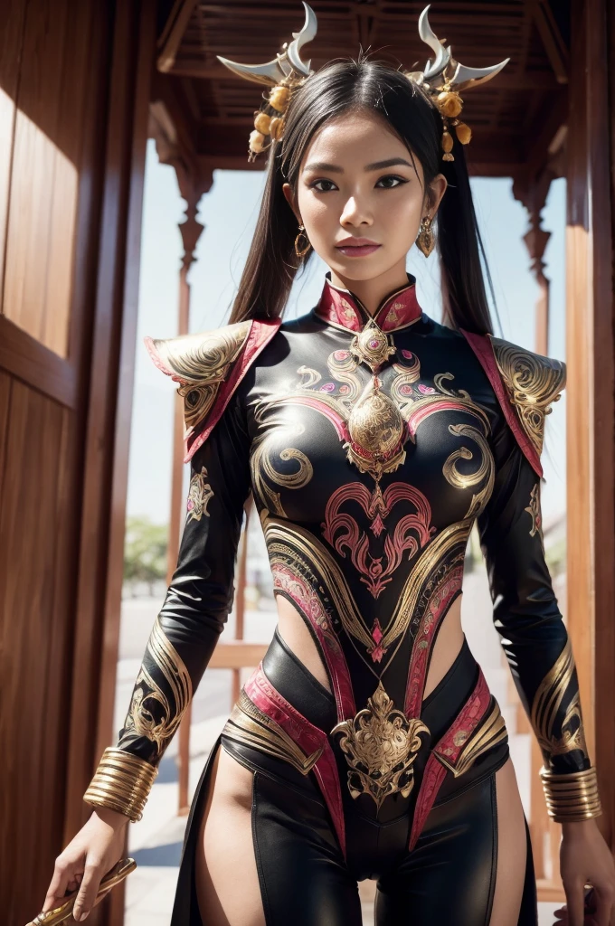 An Indonesian-styled futuristic suit worn by a girl depicting cultural fusion and modern fashion. The suit is adorned with intricate patterns and vibrant colors, showcasing the rich heritage of Indonesia. The girl stands confidently in a dynamic pose, with her detailed eyes reflecting determination and curiosity. The suit's material is a combination of traditional textiles and futuristic synthetic fabrics, giving it a unique and avant-garde appearance. The overall image quality is of the highest standard, with sharp focus and ultra-detailed rendering. The artwork employs physically-based rendering techniques, resulting in realistic lighting and shadows. The colors are vivid and vibrant, capturing the essence of Indonesian cultural aesthetics. The background features a fusion of modern architecture and traditional elements, creating a harmonious blend of the past and the future. The prompt explores the intersection of Indonesian culture, futuristic design, and the artistic representation of a confident girl.