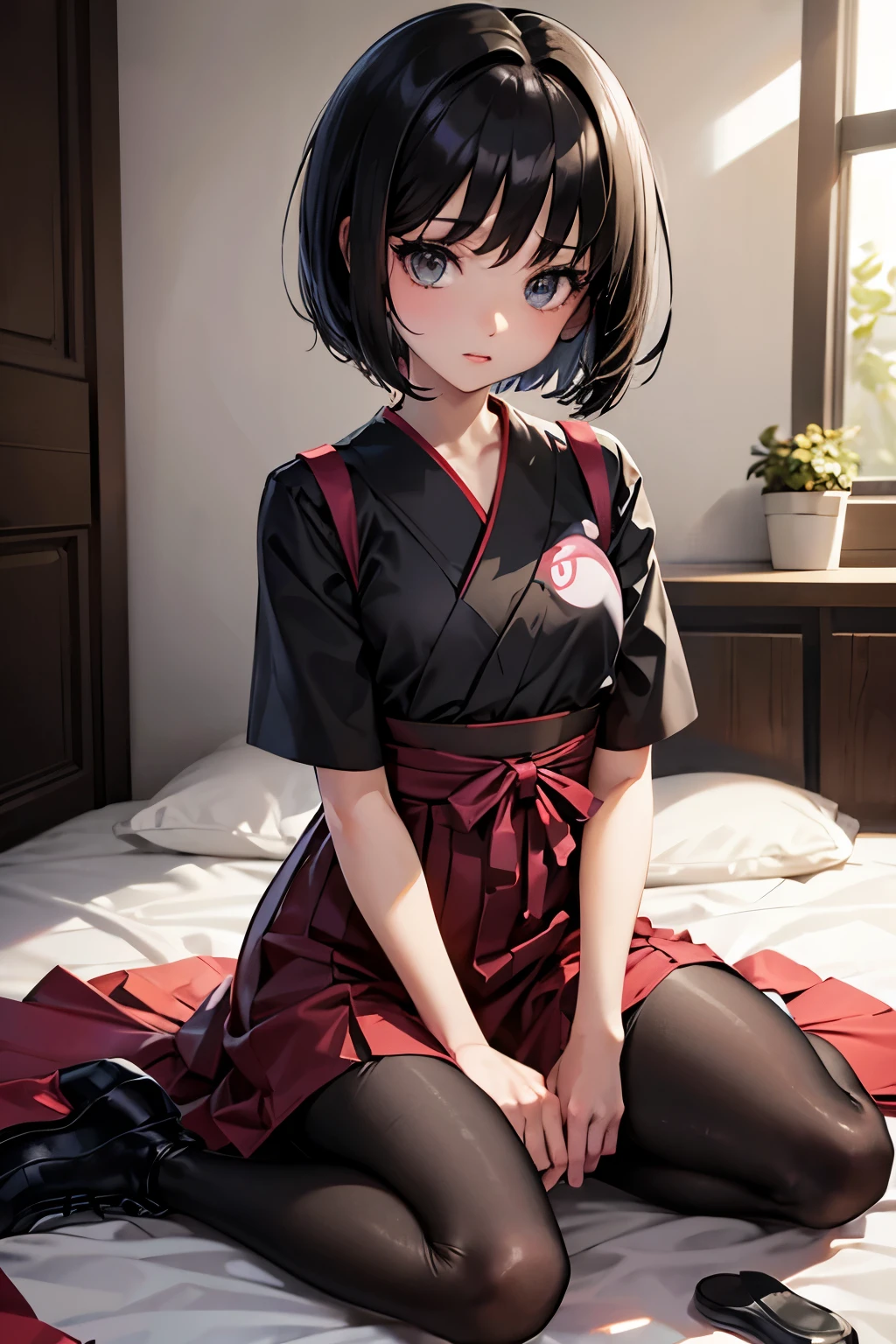 Erica、Pokémon、Black Hair、Short Hair、((pantyhose))、Photo from below、Medium chest、Bedroom、((Hakama))、One girl、boots、Poop sitting、Red ribbon、((Black Bra))