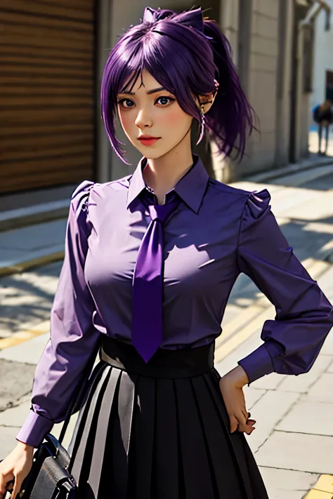 best quality, masterpiece, highres, solo, {shirt:1.40}, {keqing_genshin:1.15}, purple_hair, purple_eyes, bangs, ponytail, short_...