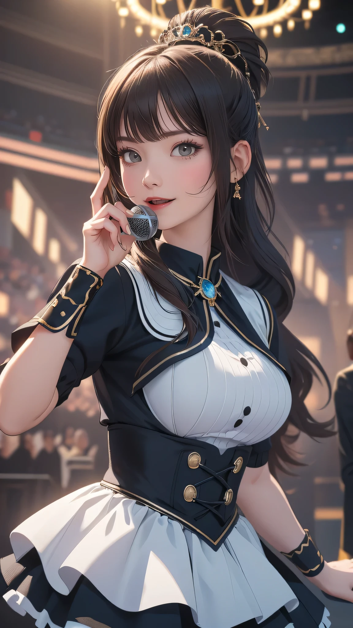 random Idol costume,(sing:1.2),(Random Pose),(Thin type),(large breasts),(random hairstyle),(Highest image quality, (8K), Ultra-realistic, Best Quality, High quality, High Definition, high quality texture, high detailing, Beautiful detailed, fine detailed, extremely details CG, Detailed texture, realistic representation of face, masterpiece, presence)