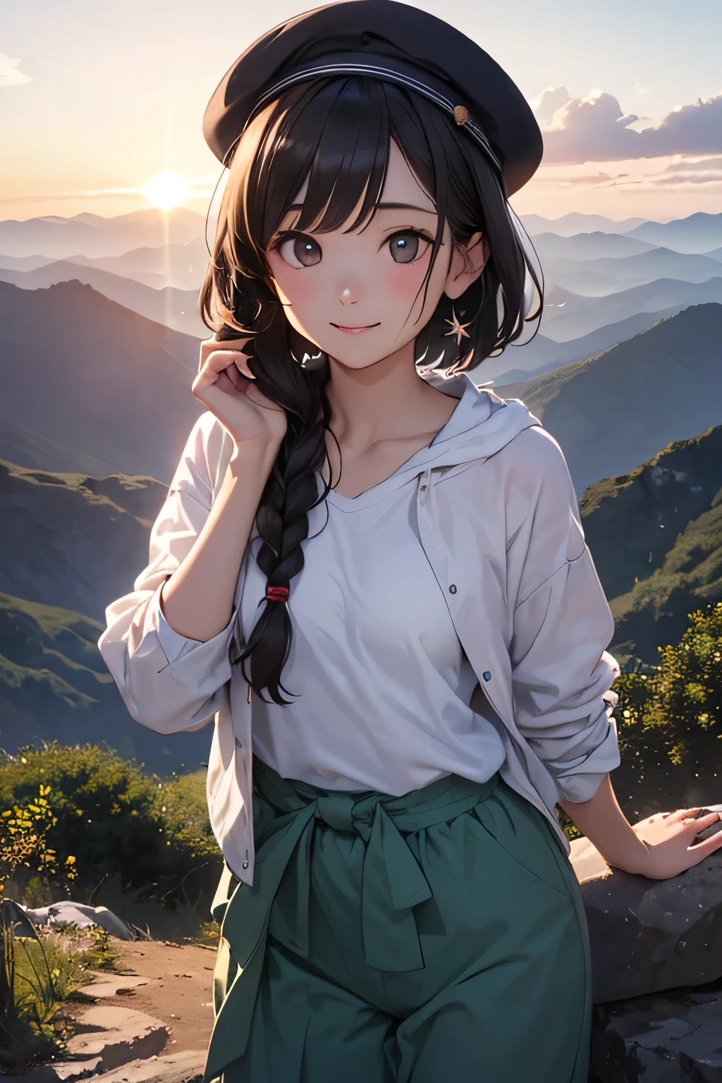 highest quality、High resolution、Detailed Background、(Beautiful face in every detail:1.4)、Anatomically correct、(Detailed facial expressions)、(Detailed eyes:1.2)、Teenage beauty、(Highly detailed face:1.4)、cute hair color、Braided Ponytail、Bobcut、Braided long hair、Wavy Hairstyle、cute hairstyle、well-groomed eyebrows、Cute gestures、Summer Mountain seen from Fuji Mountain々、Sunrise Spot、Before dawn、

(Two beautiful girls smiling broadly at the summit with the sunrise in the background:1.5)、

Before dawn the sky begins to change from deep navy blue to orange.、From the top of Mt. Fuji, you can see the sea of clouds and the Fuji Five Lakes in the distance.、The sun began to rise in the eastern sky、The light is like a golden thread、Mountain々The clouds are gently illuminated.、

Climbing Mountain&#39;s clothing「Innerwear, mid-layers, and outerwear」These three layers are the basics.、Dress in layers、Put on your hat、Colorful Berets、Loose-fitting sarouel pants like Aladdin pants are comfortable and stylish.、The ethnic print wrap skirt gives off a summer vibe.、Wide pants with a botanical pattern are trendy、
These stretch pants have a slimming effect on your legs and are comfortable and stylish at the same time.、cute